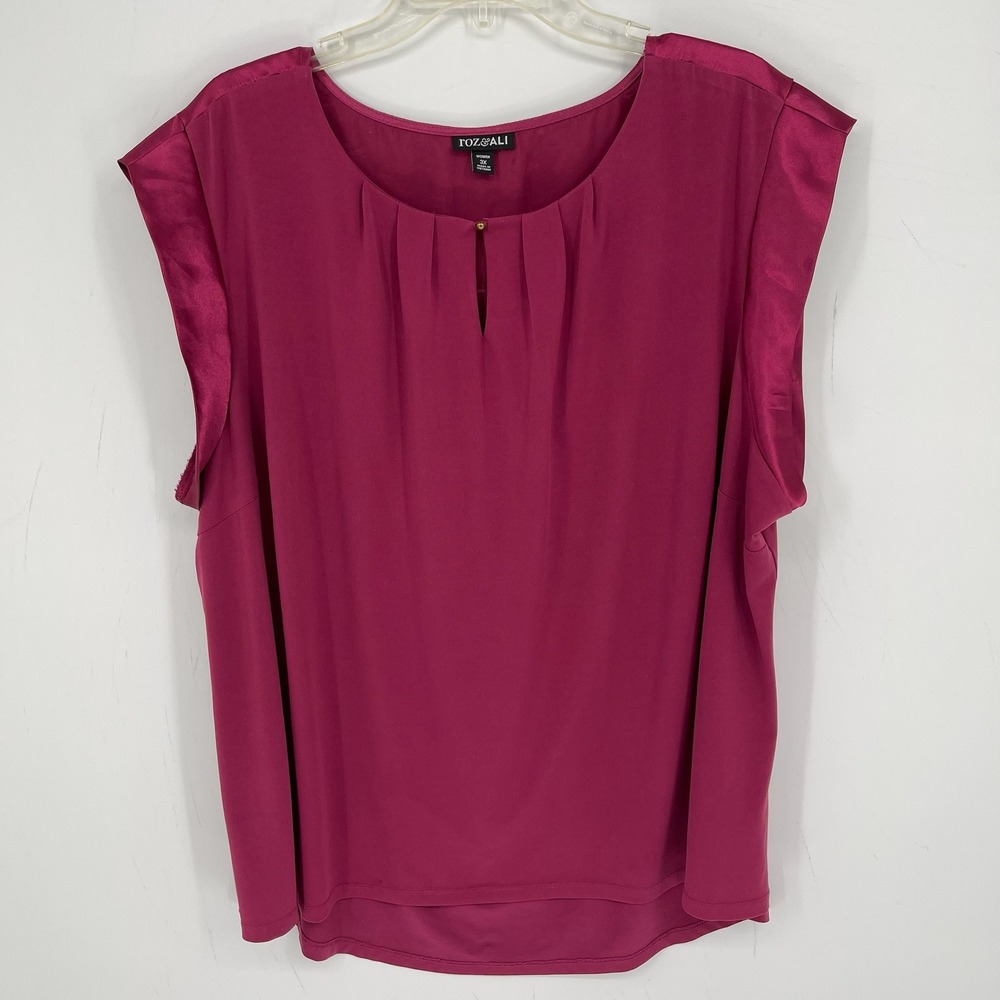 Roz & Ali Women Pink Satin Trim Pleated Keyhole Blouse 3X